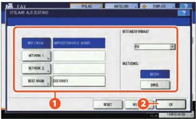 OPSLAM ALS BESTAND MFP LOKAM MFP0521349FILE_SHARE1 NETWERK 1 NETWERK 2 BEST.NAAM DOC100S11 BESTANDSFORMAAT OK MULTIENEL MENV ENCEL RESET AFL OK 1 2 TAALSTATUS