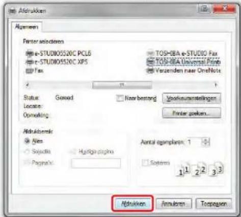 Afdrukken Algemen Printer selectoren e-STUDIO5520C PCL6 e-STUDIO5520C XP5 Fax TOSHBA e-STUDIO Fax TOSHBA Universal Printb Verzenden naar OneNote Status: Gused Nooer bestand Voorkursanstellingen Locate: Operating Printer speken... Afdrukken Nies Sojedite Hystige stiglio Page#ic: Aantal opplaren: 1 Sotoren 1 1 2 2 3 3 Afdrukken Annularen Topogasten