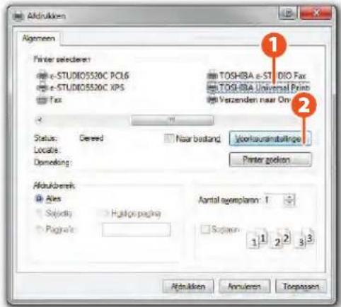 Afdrukken Algemen Printer selekene: e-STUDIO5520C PCL6 e-STUDIO5520C XPS Fax TOSHIBA e-STI DIO Fax TOSHIBA Universal Print Verzenden naar Ony Status: Gereed Near bestand Vorteuransatlinge Locale: Dipmeling: Printer worden Afdrukbeek Ales Subject: Huslois pagia Pagele: Aantal agramplan: 1 Supplan: 1 1 2 2 3 3 Afdrukken Annulien Trepassen