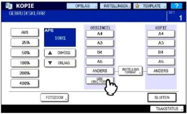KOPIE GEBRUIKSKLAAR OPS 100% AMS 25% 50% 100% 200% 400% ORIGINEEL A4 A3 B4 A5 ANDERS GEM ONIC FOR INSTELLING FORMAT KOPIE A4 A3 B4 A5 ANDERS FOTOZOOM SLUITEN TAAKSTATUS