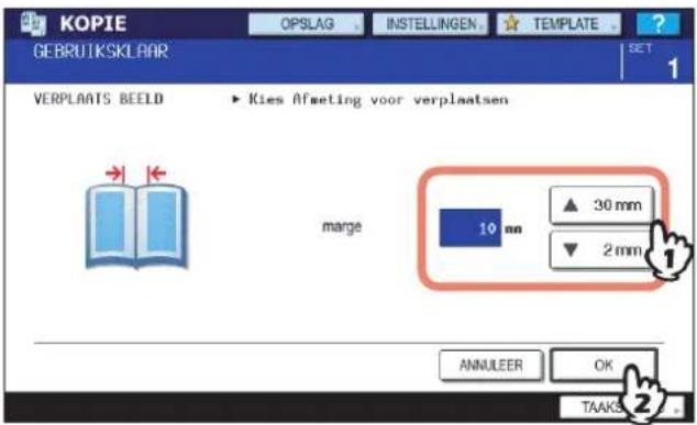 KOPIE GEBRUIKSKLAR OPSLAG INSTELLINGEN TEMPLATE SET VERPLAATS BEELD Kies Afmeting voor verplaatsen marge 10 mm ▲ 30 mm ▼ 2 mm ANNULEER OK TAAKS
