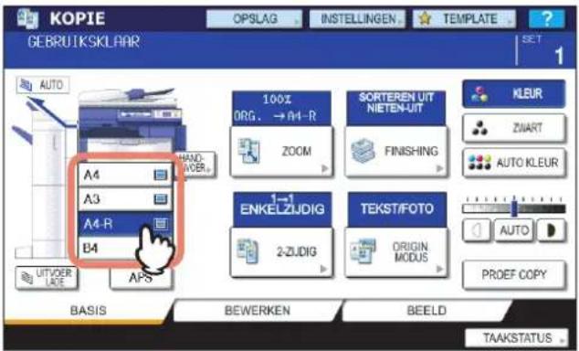 KOPIE GEBRUIKSKLAAR OPSLAG INSTELLINGEN TEMPLATE SET AUTO A4 A3 A4-R B4 100% ORG. → A4-R ZOOM SORTEREN UIT NIETEN-UIT FINISHING 1→1 ENKELZIJDIG 2-ZUDIG TEKST/FOTO ORIGIN MODUS AUTO PRODEF COPY AUTVOER LATE AFS BASIS BEWERKEN BEELD TAAKSTATUS