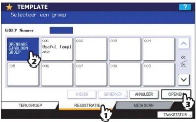 TEMPLATE Selecteer een groep GROEP Nummer OPENBAFE SJBALDON GROEP 001 Useful Template 002 003 004 005 006 007 008 009 WISSEN BEWERKEN ANNULEER OPENEN TERUGROEP REGISTRATIE META SCAN TAAKSTATUS