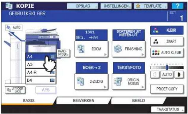 KOPIE GEBRUIKSKLAAR OPSLAG INSTELLINGEN TEMPLATE SET AUTO A4 A3 A4-R B4 HAND. INVER... 100% ORG. → A4 ZOOM SORTEREN UIT NIETEN-UIT FINISHING KLEUR ZUART AUTO KLEUR BOEK→2 2-ZUDIG TEKST/FOTO ORIGIN MODUS AUTO PROEF COPY AUTVOER LATE APS BASIS BEWERKEN BEELD TAAKSTATUS
