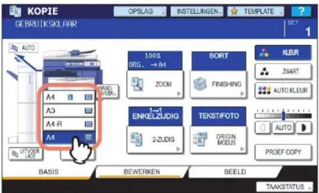 KOPIE GEBRUITSKLAAR OPSLAG INSTELLINGEN TEMPLATE SET AUTO A4 A3 A4-R A4 100% ORG. → A4 ZOOM SORT FINISHING KLEUR ZWART AUTO KLEUR 1→1 ENKELZJDIG 2-ZJDIG TEKST/FOTO ORIGIN. MODUS AUTO PROEF COPY BASIS BEWERKEN BEELD TAAKSTATUS
