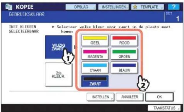 KOPIE GEBRUIKSKLAAR OPSLAG INSTELLINGEN TEMPLATE ? SET 1 TWEE KLEUREN SELECTEERBAAR ► Selecteer welke kleur voor zwart in de plaats moet komen GEEL ROOD MAGENTA GROEN CYAAN BLAUW ZWART 2da KLEUR: INSTELLEN ANNULEER OK TAAKSTATUS