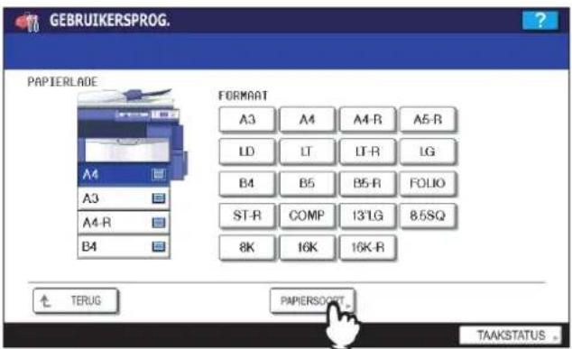 GEBRUIKERSPROG. PAPIERLADLE FORMAAT A3 A4 A4-R A5-R LD LT LT-R LG B4 B5 B5-R FOLIO ST-R COMP 13'LG 8.5SQ 8K 16K 16K-R TERUG PAPIERSOORT. TAAKSTATUS.