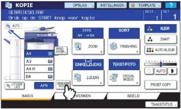 KOPIE OPSLAG INSTELLINGEN TEMPLATE GEBRUTSKLAAR Druk op de START knop voor kopie AUTO A4 A3 A4-R B4 HAAD. INNOBR... 100% A4 → A4 ZOOM SORT FINISHING 1→1 ENKELZJDIG 2-ZJDIG TEKST/FOTO ORIGIN. MODUS KLEUR ZWART AUTO KLEUR AUTO PRODEF COPY AUTVOER LATE APS GEVERIN WIS BASIS WERKEN BEELD TAAKSTATUS