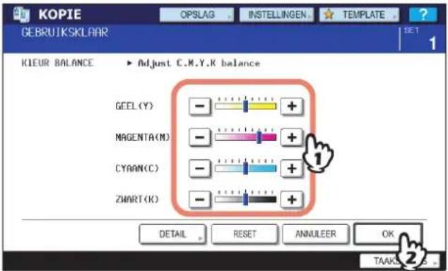 KOPIE GEBRUIKSKLAAR OPSLAG INSTELLINGEN TEMPLATE SET 1 KIEUR BALANCE Adjust C.M.Y.K balance GEEL (Y) - + MAGENTA (M) - + CYAAN (C) - + ZWART (K) - + DETAIL RESET ANNULEER OK 2 TAAKS