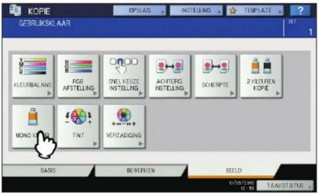 KOPIE GEBRIJKSKLAAR KLEURBALANS RGB AFSTELLING SNEL KEUZE INSTELLING ACHTERG INSTELLING SCHERPTE 2 KLEUREN KOPIE MONO KOPIE TINT VERZADIGING BASIS BEWERKEN BEELD 10/05/2002 12:30 TAAKSTATUS
