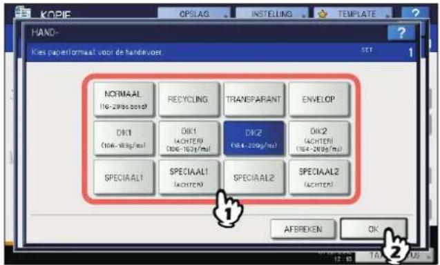 KoPIE OPSLAG INSTEELING TEMPLATE HAND- Kies papertormaat voor de handzuver SET 1 NORMAAL (16-200g/m3) RECYCLING TRANSPARANT ENVELOP DK1 (106-183g/m3) DK1 (106-163g/m3) DK2 (184-200g/m3) DK2 (184-200g/m3) SPECIAAL1 SPECIAAL1 SPECIAL2 SPECIAAL2 (ACHTER) AFBREKEN OK 2