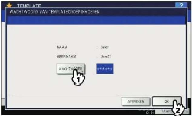 TEMPLATE WACHTWORD VAN TEMPLATEGROEP INVOEREN NAAM : Sales GEBR.NAAM : User01 WACHTWORD ① 大本大本大本 AFBRIKEN OK 10:51 TAAKS