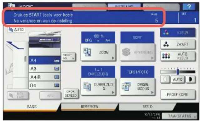 Druk op START toets voor kopie Na veranderen van de insteling PAG 5 SET 1 AUTO A4 A3 A4-R B4 HAND- NAV 100 % ORG → A4 ZOOM SORT AFWERING 1-1 ENKELZUDIG DUBBELZUDIG G TEKST/FOTO ORIGIN. MODUS KLEUR ZWART AUTO KLEUR AUTO PROEF KOPIE BASIS BEWERKEN BEELD 10/05/2002 11:48 TAAKSTATUS