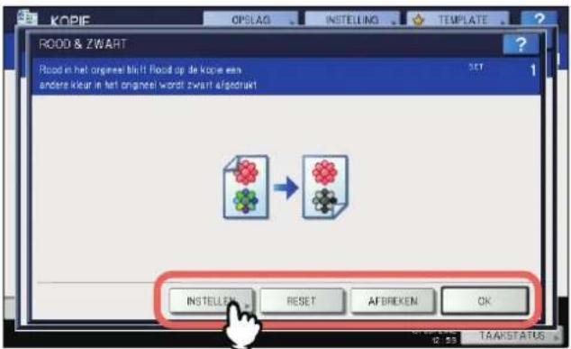 KOPIC OPSLAG INSTELLING TEMPLATE RDD & Zwart RDD in het orgeneel blijft flood op de kopie een andere kleur in het orgeneel wordt zwart afgedrukt SET 1 INSTELLEN RESET AFBREKEN OK TAAKSTATUS