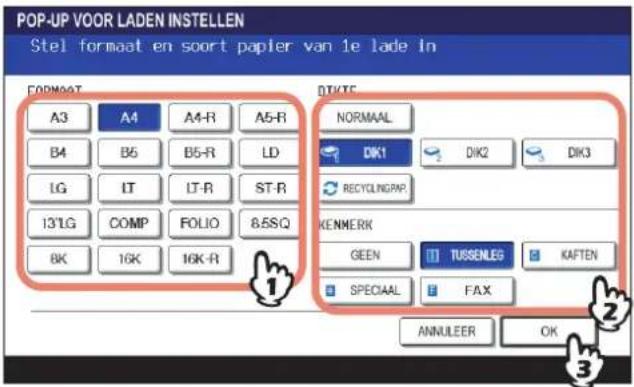 TOSHIBA E-STUDIO 2020c - Selecteer het papierformaat en de papiersoort van het in de papierlade geplaatste papier op het aanraakscherm. - 1