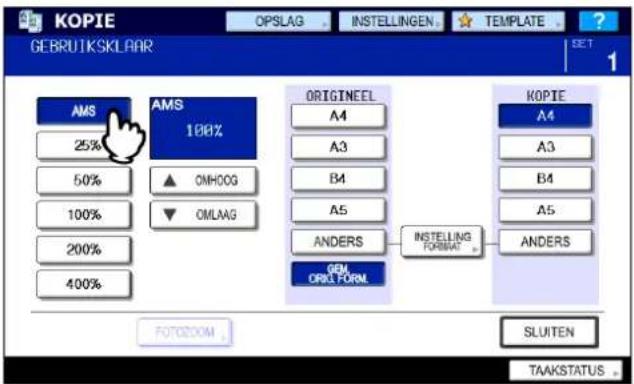 TOSHIBA E-STUDIO 2020c - Druk op [AMS] om afdrukken te maken op papier van één formaat. Om afdrukken te maken op papier van hetzelfde formaat als de originelen drukt u op [SLUITEN] zodat het menu terugkeert naar het basismenu en druk vervolgens op [APS]. - 1