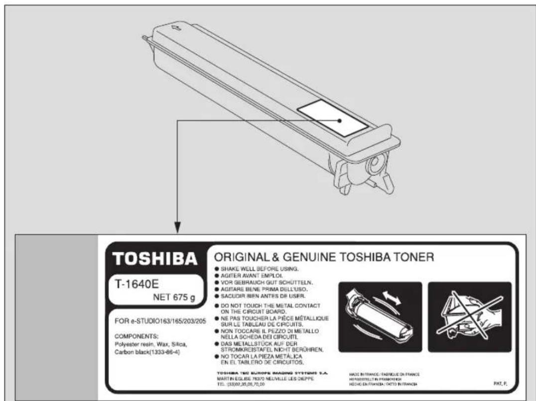 TOSHIBA T-1640E NET 675 g FOR e-STUDIO163/165/203/205 COMPONENTS: Polyester resin, Wax, Silica, Carbon black(1333-88-4) ORIGINAL & GENUINE TOSHIBA TONER ● SHAKE WELL BEFORE USING. ● AGITER AVANT EMPLOI. ● VOR GEBRAUCH GUT SCHUTTELN. ● AGITARE BENE PRIMA DELL'USO. ● SACUDIR BIEN ANTES DE USER. ● DO N…