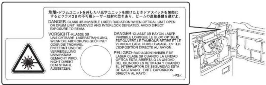 危険-ドラムユニットを外したり光学ユニットを開けたときドアスイッチを無効に するとクラス3Bの不可視レーザー放射の恐れあり。ビームの直接暴露を避けよ。 DANGER-CLASS 3B INVISIBLE LASER RADIATION WHEN OPTICAL UNIT OPEN OR DRUM UNIT REMOVED AND INTERLOCK DEFEATED. AVOID DIRECT EXPOSURE TO BEAM. VORSICHT-KLASSE 3B UNSICHTBARE LASERSTRAHLUNG, WENN DIE ABDECKUNG GEÖFFNET ODER DIE…