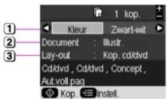 1 kopie. Kleur Zwart-wit. Document: Illustratie. Lay-out: Kopiëren cd/dvd. Cd/dvd, Cd/dvd, Concept, Automatische volledige pagina. Kopiëren Instellingen.