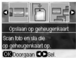 Opslaan op geheugenkaart. Scan loto en sla die op geheugenkaart op. OK Doorgaan Sel.