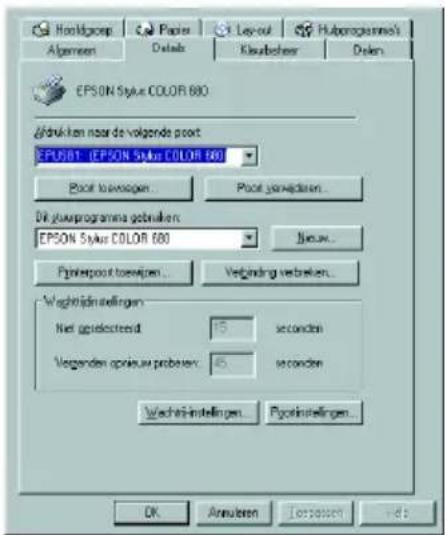 Hoofdgroep Papier Layout Hulpprogramma's Algemeen Details Kleurbeheer Deken EPSON Stylus COLOR 800 Afdrukken naar de volgende poort: EPSON1 (EPSON Stylus COLOR 80) Poort toevoegen... Poort verwijderen... Deze printer gebruiken: EPSON Stylus COLOR 800 Nieuw... Printerpoort toevoegen... Verbinding ver…
