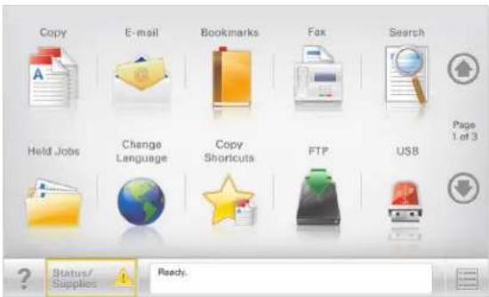 Copy E-mail Bookmarks Fax Search Held Jobs Change Language Copy Shortcuts FTP USB Page 1 of 3 Status/ Supplies Ready.