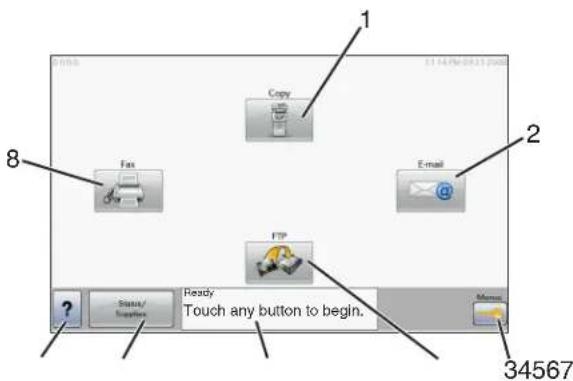 1 2 34567 8 Copy Fax E-mail FTP Ready Touch any button to begin.