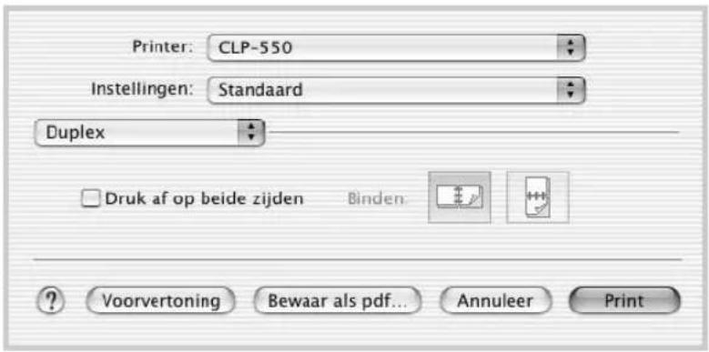 Printer: CLP-550 Instellingen: Standaard Duplex Druk af op beide zijden Binden. Voorvertoning Bewaar als pdf... Annuleer Print