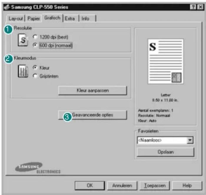 Samsung CLP-550 Series Layout | Papier | Grafisch | Extra | Info | 1 Resolutie S 1200 dpi (best) 800 dpi (normaal) 2 Kleumodus Kleur Grijstinten Kleur aanpassen 3 Geavanceerde opties Letter 9.50 x 11.00 in. Aantal exemplaren: 1 Resolutie: Normaal Kleur: Auto Favorieten Opslaan OK Annuleren Toepassen Help SAMSUNG ELECTRONICS