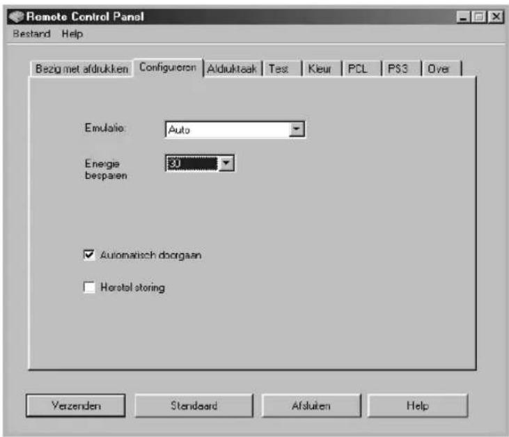 Remote Control Panel Bestand Help Bezig met afdrukken Configuron Aldiuktaak Test Kleur PCL PS3 Over Emutatie Auto Energie besparen 50 ✓ Automatisch doorgaan □ Horotel storing Verzenden Standaard Afduiten Help