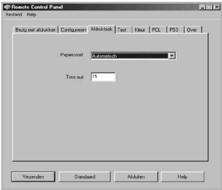 Remote Control Panel Bestand Help Bezig met afdrukken Configueren Afdruktok Test Kleur PCL PS3 Over Papersoort Automatisch Time-out 15 Verzenden Standaard Afstuiten Help