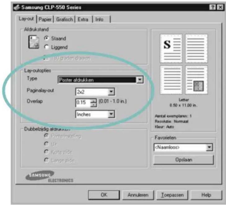 Samsung CLP-550 Series Layout | Papier | Grafisch | Extra | Info | Aldrukstand Staand Liggend BU graden design Lay-outoptions Type: Poster aldrukken Pageslay-out 2×2 Overlap 0.15 (0.01 - 1.0 in.) Inches Dubbelszijdig alarueukken Printemstelling Up Korteslide Large Side Letter 8.50 x 11.00 in. Famental exemplaren: 1 Resolutie: Normal Huur: Auto Favvielen Opslaan SAMSUNG ELECTRONICS OK Annulsen Toepassen Help