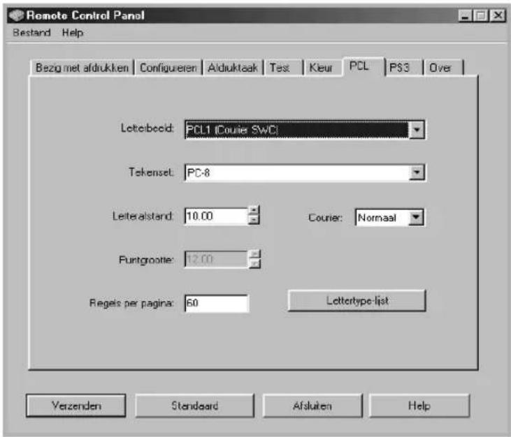 Remote Control Panel Bestand Help Bezig met afdrukken Configueren Alduktaak Test Kleur PCL PS3 Over Letterbeeld: PCL1 (Couie SWC) Tekenset: PC-8 Letteralstand: 10.00 Courier: Normaal Puntgrootte: 12.00 Regeis per pagina: 50 Lettertype-list Verzenden Standard Afskuten Help