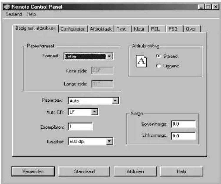 Remote Control Panel Bestand Help Bezig met afdrukken Configurer Afdruktaak Test Kleur PCL PS3 Over Papierformaat Formaat: Letter Kore zijde: 0.5" Lange zijde: 11" Afdrukrichting Staand Liggend Papierbak: Auto Auto CR: LF Exemplaren: 1 Kwaliteit: 600 dpi Marge Bovennarge: 0.0 Linkemarge: 0.0 Verzenden Standards Help