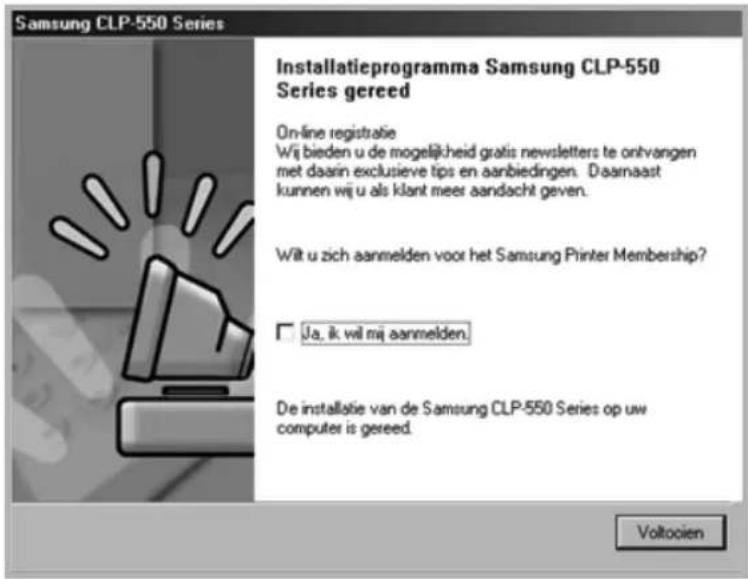 Samsung CLP-550 Series Installatieprogramma Samsung CLP-550 Series gereed On-line registratie Wij bieden u de mogelijkheid gratis newsletters te ontvangen met daarin exclusieve tips en aanbiedingen. Daarnaast kunnen wij u als klant meer aandscht geven. Wilt u zich aanmelden voor het Samsung Printer Membership? Ja, ik wil mij aanmelden. De installatie van de Samsung CLP-550 Series op uw computer is gereed. Voltocien