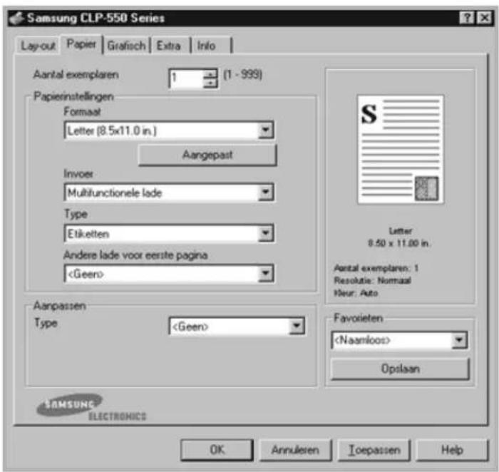 Samsung CLP-550 Series Layout Papier Grafisch Extra Info Aantal exemplaren 1 (1 - 999) Papierinstellingen Formaat Letter (8.5x11.0 in.) Aangepast Invoer Multifunctionele lade Type Etikelten Andere lade voor eerste pagina Aanpassen Type Letter 8.50 x 11.00 in. Aantal exemplaren: 1 Resolutie: Nomaal Huur: Auto Favoieten Opslaan SAMSUNG ELECTRONICS OK Annulieren Toepassen Help