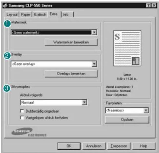 Samsung CLP-550 Series Layout | Paper | Grafisch | Extra | Info | 1 Watermark Watermerken bewerken 2 Overlay Overlays bewerken 3 Uitvoeropties Afdrukvolgorde Normaal Dubbelzijdig ongedaan Vastgelopen afdruk herhalen Letter 8.50 x 11.00 in. Aantal exemplaren: 1 Resokatie: Normaal Kleur: Orijstenen Favorieten Opslaan SAMSUNG ELECTRONICS OK Annulieren Toepassen Help
