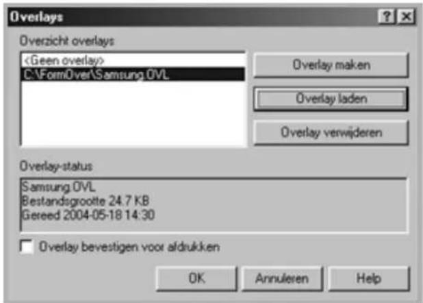 Overlays Overzicht overlays C:\Form\over\Samsung.OVL Overlay maken Overlay laden Overlay verwijderen Overlay-status Samsung.OVL Bestandsgrootte 24.7 KB Gereed 2004-05-18 14:30 Overlay bevestigen voor aldrukken OK Annuleren Help
