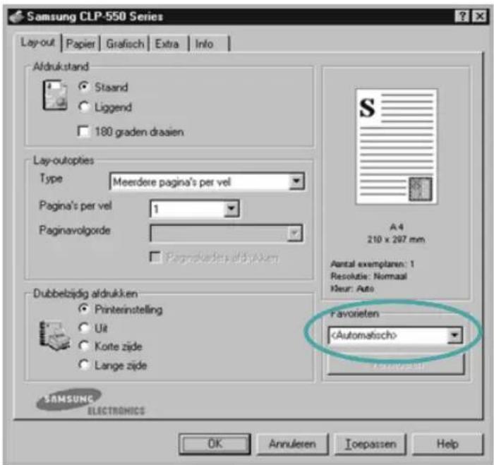 Samsung CLP-550 Series Layout | Papier | Grafisch | Extra | Info | Aldrukstand Staand Liggend 180 graden draaien Lay-outopties Type Meerdere pagina's per vel Pagina's per vel 1 Paginavolgorde: Pageskaderie aldrukken Dubbelzijdig aldrukken Printerinstelling Uit Korte zijde Lange zijde A4 210 x 297 mm Aantal exemplaren: 1 Resolutie: Normaal Huur: Auto Favorieten SAMSUNG ELECTRONICS OK Annuleren Toepassen Help