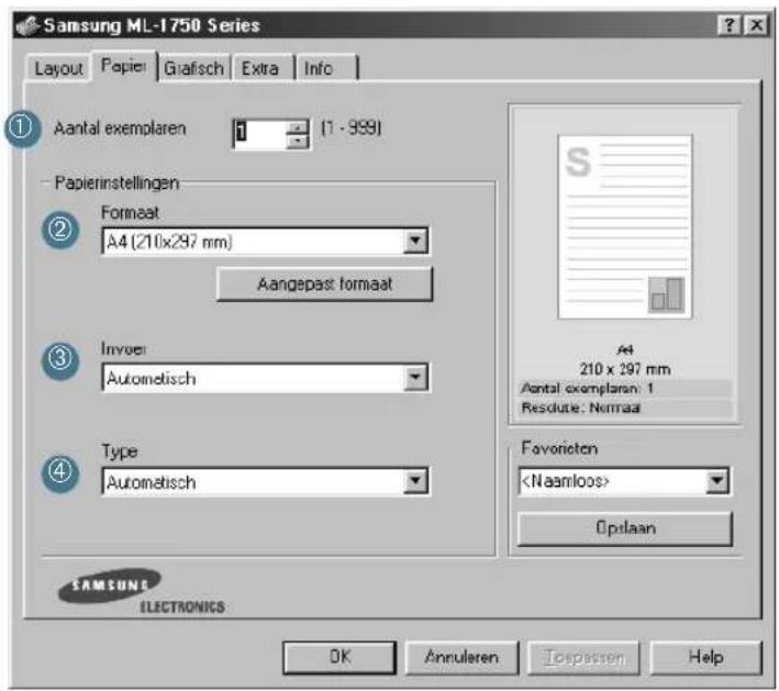 Samsung ML-1750 Series Layout Papier Grafisch Extra Info Aantal exemplaren 1 (1 - 999) Papierinstellingen Formaat A4 (210x297 mm) Aangepast formaat Invoer Automatisch Type Automatisch Favorieten Opslaan SAMSUNG ELECTRONICS OK Annularen Icspassen Help