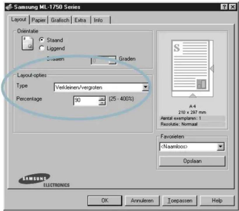 Samsung ML-1750 Series Layout Papier Grafisch Extra Info Orientatie Staand Liggend Straden Graden Layout-opties Type Verkleinen/vergroten Percentage 90 (25 - 400%) A4 210 x 297 mm Aantal exemplaren: 1 Resolutie: Normal Favorieten Opslaan SAMSUNG ELECTRONICS OK Annuleren Iopassen Help