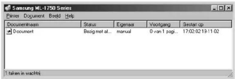 Samsung ML-1750 Series Printer Document Beeld Help Documentinaam Status Eigenaar Voortgang Gesta# op Document Bezig met af... manual 0 van 1 pagi.. 17:02:02 19:11:02 1 taken in wachtri