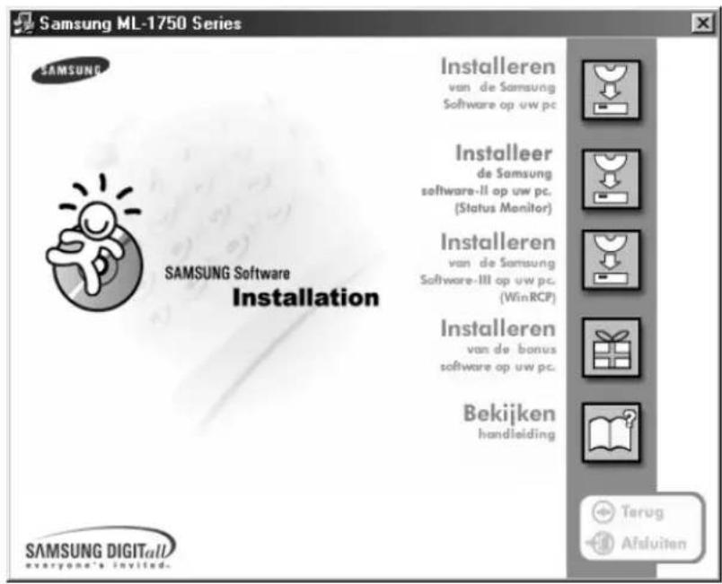 Samsung ML-1750 Series SAMSUNG SAMSUNG Software Installation Installeren van de Samsung Software op uw pc Installeer de Samsung software-II op uw pc. (Status Monitor) Installeren van de Samsung Software-III op uw pc. (WinRCP) Installeren van de bonus software op uw pc. Bekijken handleiding SAMSUNG DIGITALL everyone's invited. Terug Afsluiten