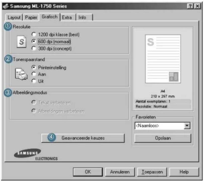 Samsung ML-1750 Series Layout | Papier | Grafisch | Extra | Info ① Resolutie ○ 1200 dpi klasse (best) ● 600 dpi (normaal) ○ 300 dpi (concept) ② Tonerspaarstand ○ Printerinstelling ○ Aan ○ Uit ③ Afbeeldingsmodus ○ Tekst verbeteren ○ Afbeeldingen verbeteren ④ Geavanceerde keuzes A4 210 x 297 mm Aantal exemplaren: 1 Resolutie: Normaal Favorieten Opslaan SAMSUNG ELECTRONICS OK Annuleren Toepassen Help