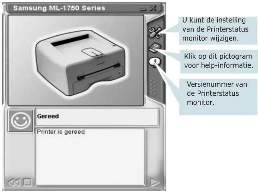 Samsung ML-1750 Series U kunt de instelling van de Printerstatus monitor wijzigen. Klik op dit pictogram voor help-informatie. Versienummer van de Printerstatus monitor. Gereed Printer is gereed