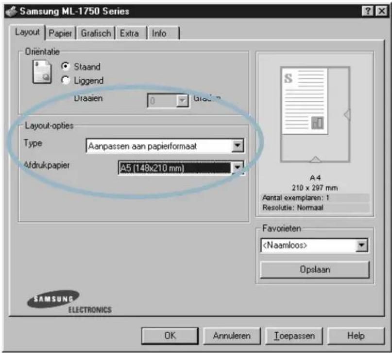 Samsung ML-1750 Series Layout Papier Grafisch Extra Info Orientatie Staand Liggend Draadien 0 Graadien Layout-opties Type Aanpassen aan papierformaat Afdrukpapier A5 (148x210 mm) A4 210 x 297 mm Aantal exemplaren: 1 Resolutie: Normaal Favorieten Opslaan SAMSUNG ELECTRONICS OK Annuleren Toepassen Help