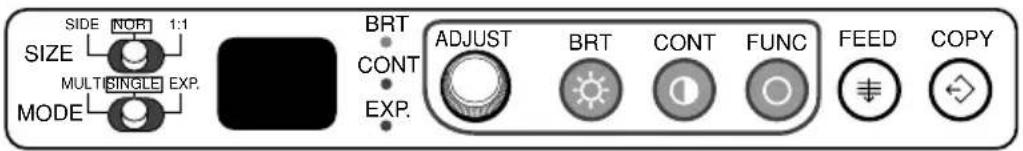 SIDE NOR 1:1 SIZE MULT SINGLE EXP. MODE BRT CONT EXP. ADJUST BRT CONT FUNC FEED COPY
