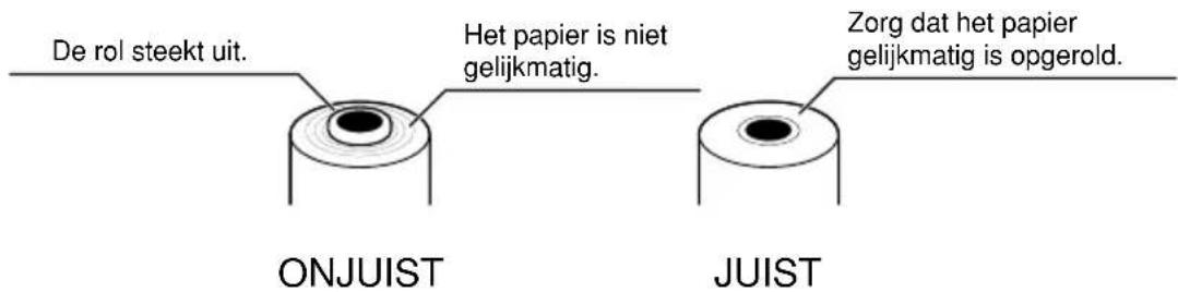 De rol steekt uit. Het papier is niet gelijkmatig. Zorg dat het papier gelijkmatig is opgerold. ONJUIST JUIST