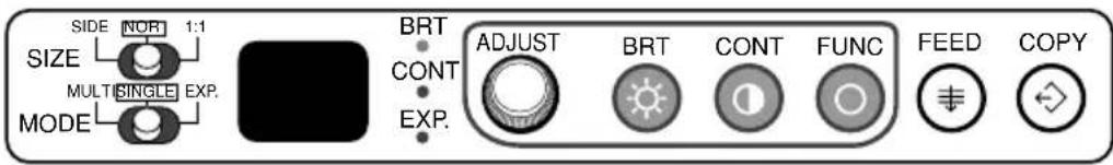 SIDE NOR 1:1 SIZE MULTISINGLE EXP. MODE BRT CONT EXP. ADJUST BRT CONT FUNC FEED COPY