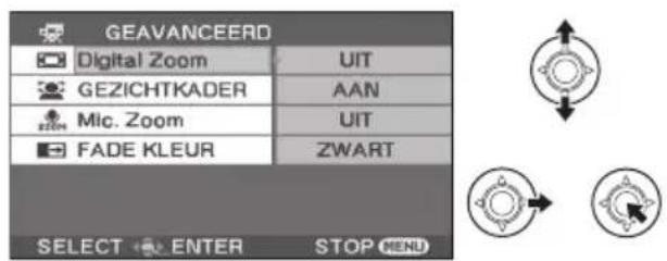 GEAVANCEERD Digital Zoom UIT GEZICHTKADER AAN Mic. Zoom UIT FADE KLEUR ZWART SELECT ENTER STOP MENU